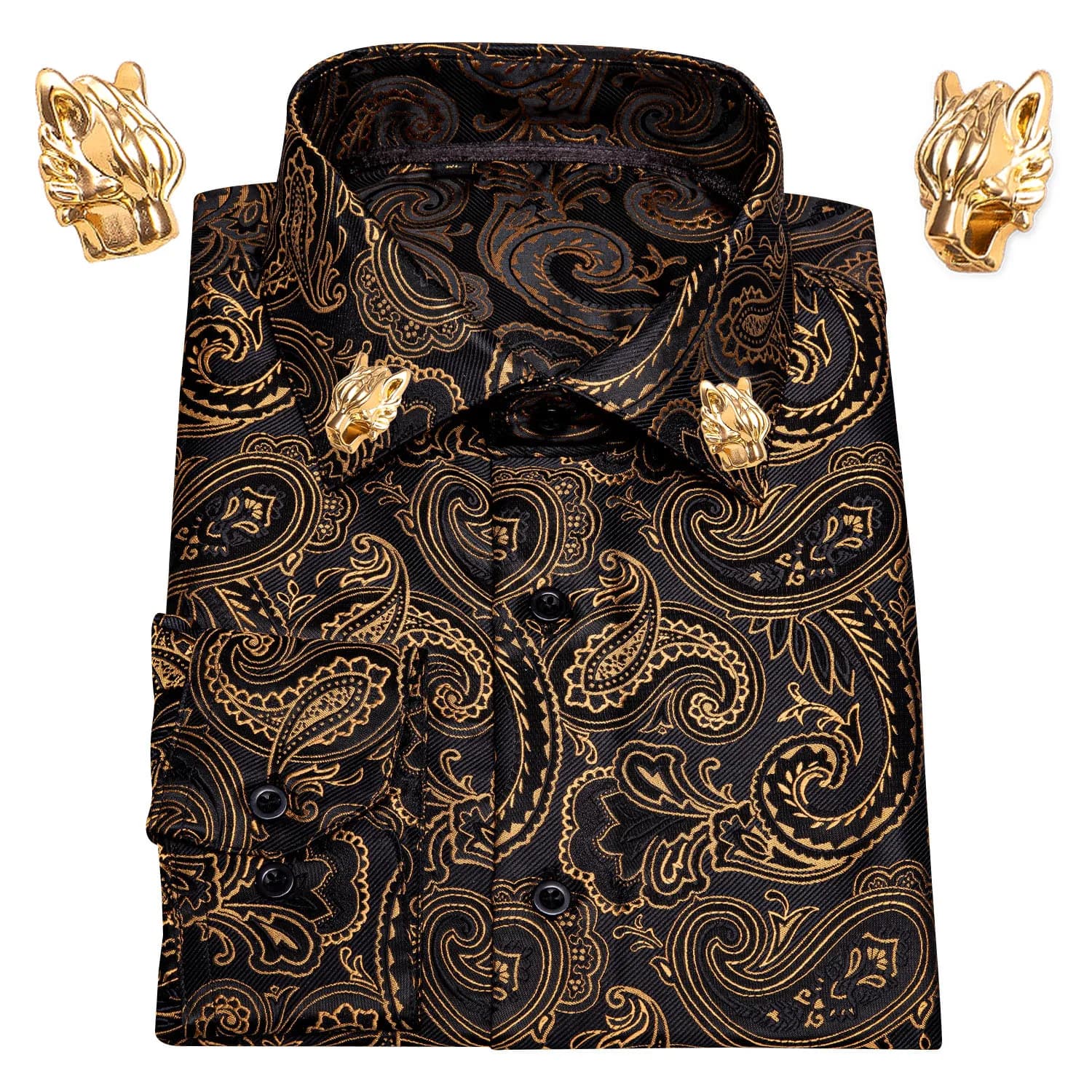 Chemises pour hommes à motif cachemire doré, manches longues, décontractées, à fleurs, chemises habillées, col léopard de créateur avec épingle