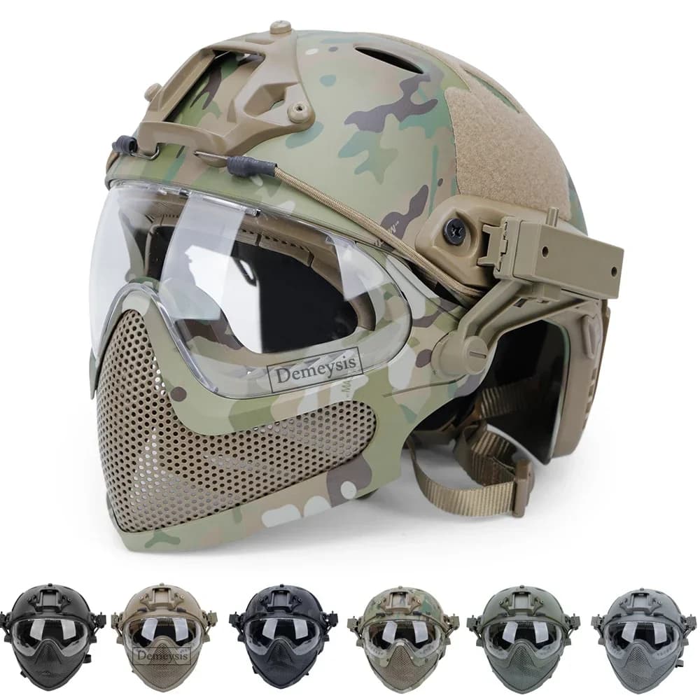 Casque tactique + masque + ensemble de lunettes de protection, casque d'airsoft et de paintball pour l'extérieur avec lunettes de protection, casques FAST PJ, jeu CS, protection intégrale du visage