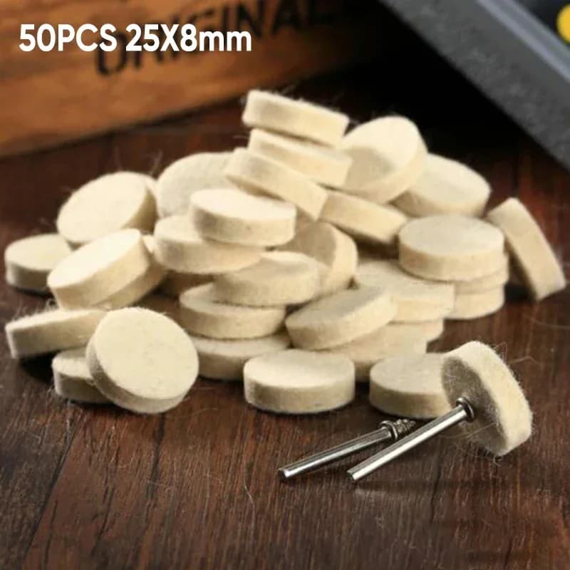Tampon de polissage en feutre de laine, 50 pièces, 25mm, roue ronde + 2 mandrins pour outil rotatif