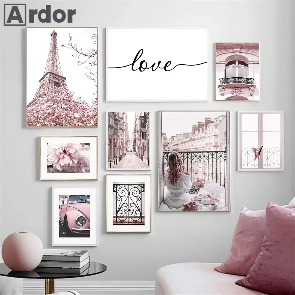 Affiche d'art mural tour Eiffel pivoine rose à la mode, peinture sur toile de voiture pour fenêtre de femmes Sexy, décoration de salon romantique pour la maison
