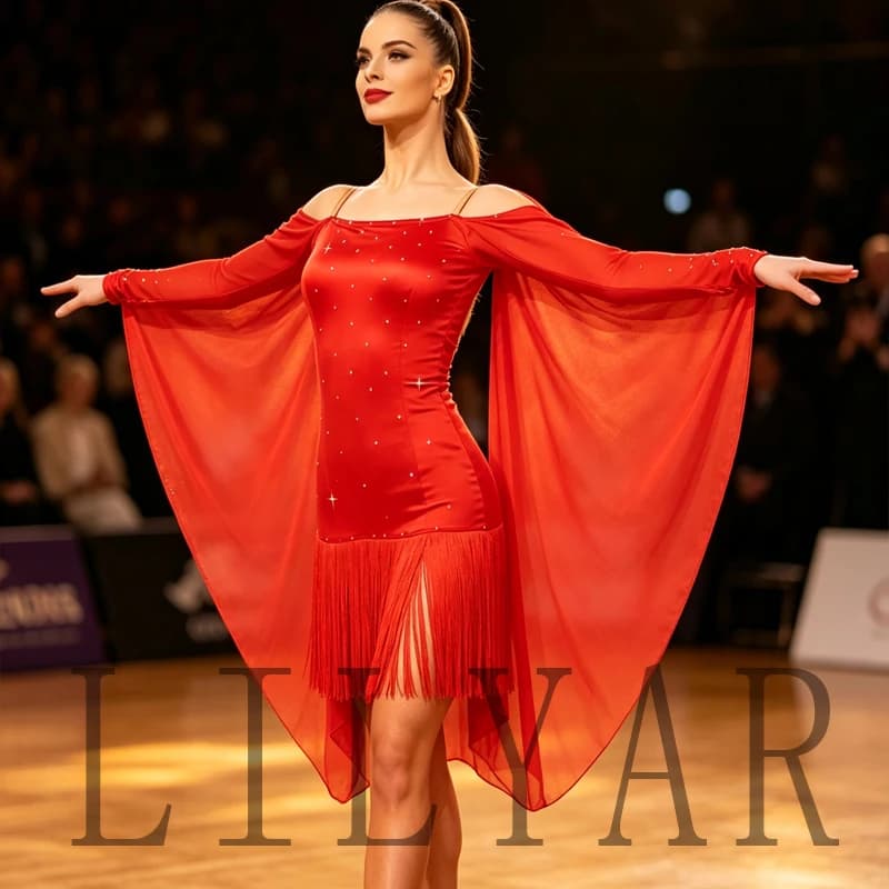 Robe de spectacle de danse latine pour femmes, personnalisée, grande taille rouge, à franges, nouvelle collection