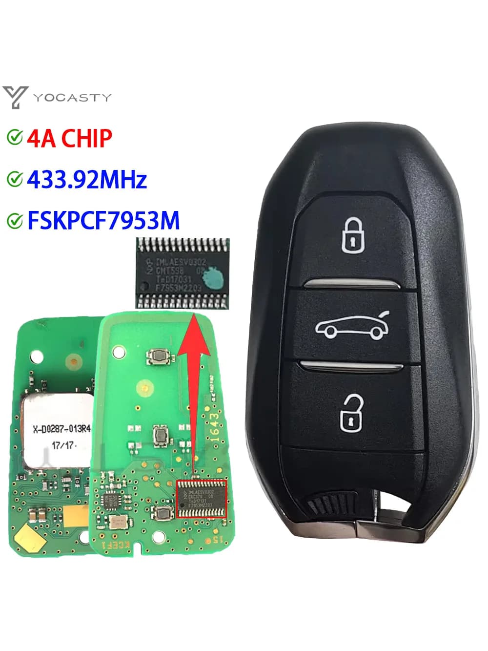 Clé de voiture intelligente YOCASTY 433 MHz 4A Chip3 à 3 boutons pour Peugeot 208 301 3008 5008 Traveler Expert Citroën C3 C4, clé de voiture sans clé