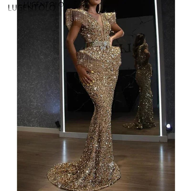 Robe de Soirée Sexy à Paillettes et Pompon pour Femme, Tenue de Banquet Slim, Long Gril Lugentolo, Printemps Automne