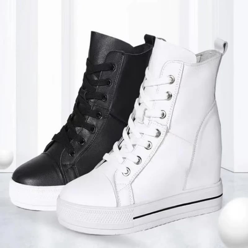 Femmes en cuir véritable 8 cm caché baskets à semelles compensées plate-forme chaussures talons hauts baskets femme chaussures décontractées blanc femmes formateur
