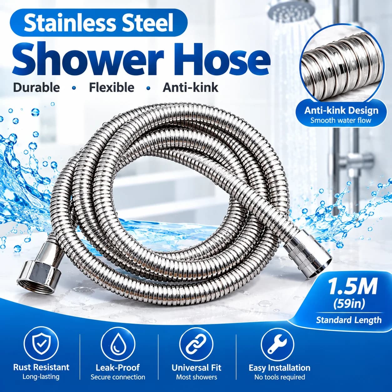 Tuyau de douche en acier inoxydable de 1/1,5/2/3/4/5/10 m pour chauffe-eau, tête de douche et adoucisseur d'eau