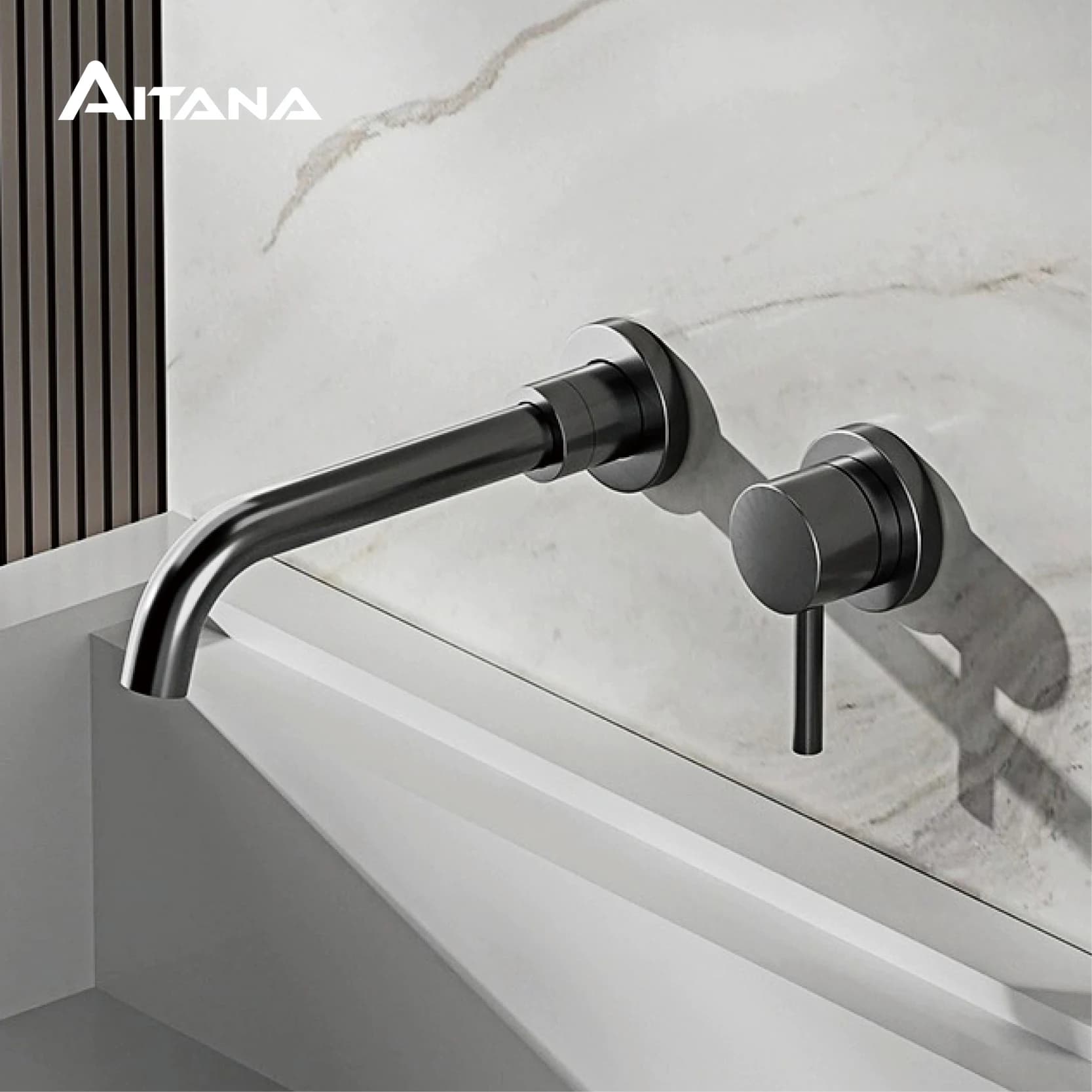 Robinet de lavabo mural moderne en laiton noir avec design encastré, 2 trous, monocommande, eau froide et chaude, double commande