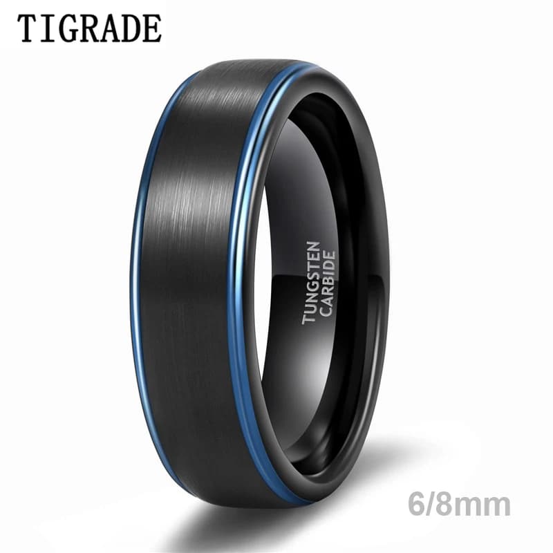 Tigrade femmes hommes bague noire avec ligne bleue brossé 6mm 8mm carbure de tungstène bijoux quotidiens unisexe anneaux foncé
