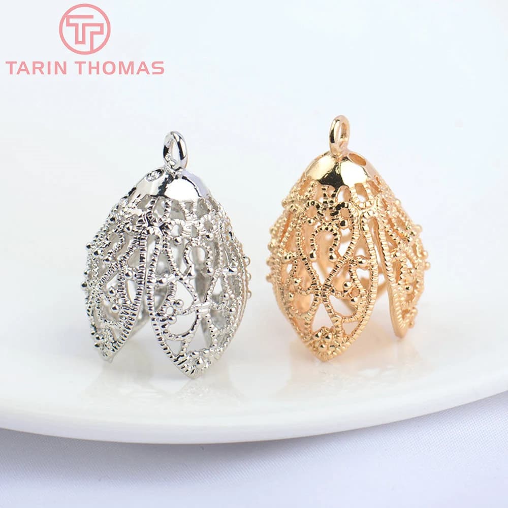 (3193) 4 pièces de capuchons de perles en laiton plaqué or 24 carats, en forme de bourgeon de fleur creux, de haute qualité, pour la fabrication de bijoux DIY, accessoires