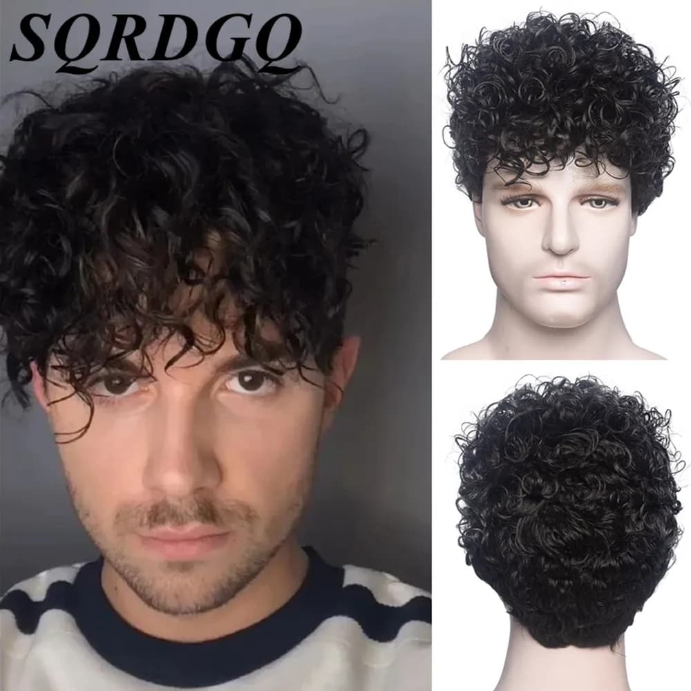 Perruque Synthétique Courte Crépue et Bouclée pour Homme, Noire Ombrée, Brune, Cosplay, Naturelle, Fabriquée à la Machine
