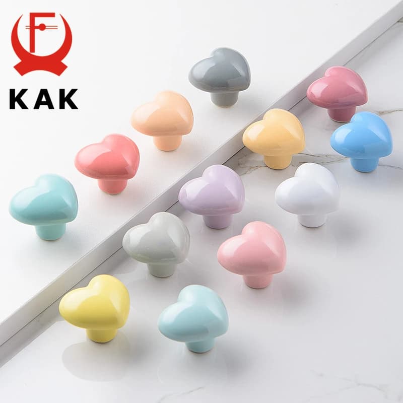 KAK – boutons et poignées d'armoire en céramique, dessin animé, cœur coloré, tiroir, placard, meubles de chambre d'enfants, quincaillerie de porte