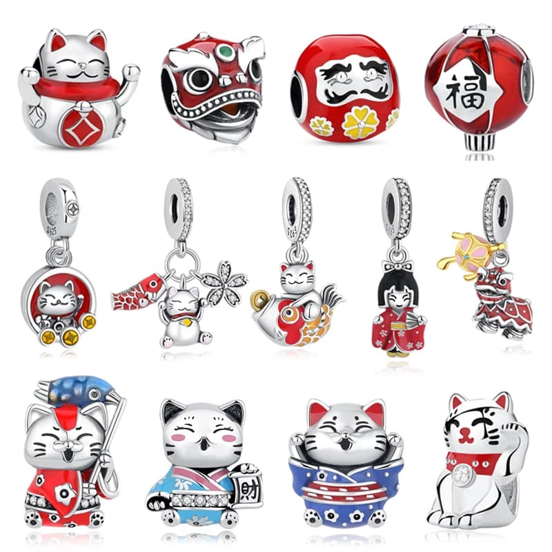 Breloques en argent Sterling 925, chat de Fortune, pendentif du nouvel an chinois, perles pour fille japonaise, adaptées aux Bracelets de marque, colliers, bijoux pour femmes