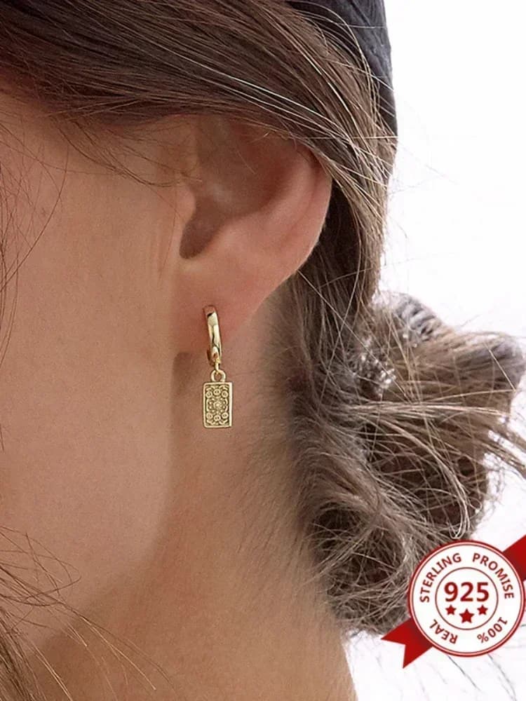 Boucles d'oreilles Vintage en argent Sterling 925 pour femmes, pendentif carré rond, coquille de cristal, géométrique, bijoux à la mode