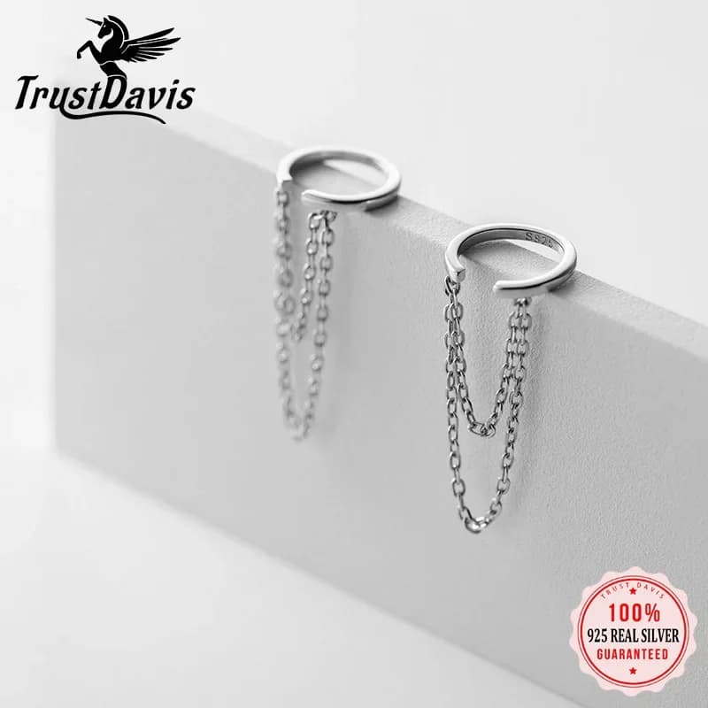 TrustDavis – boucles d'oreilles à Clip en argent Sterling 925 véritable pour femmes, 1 pièce, Double chaîne, sans Piercing, bijoux DB1352