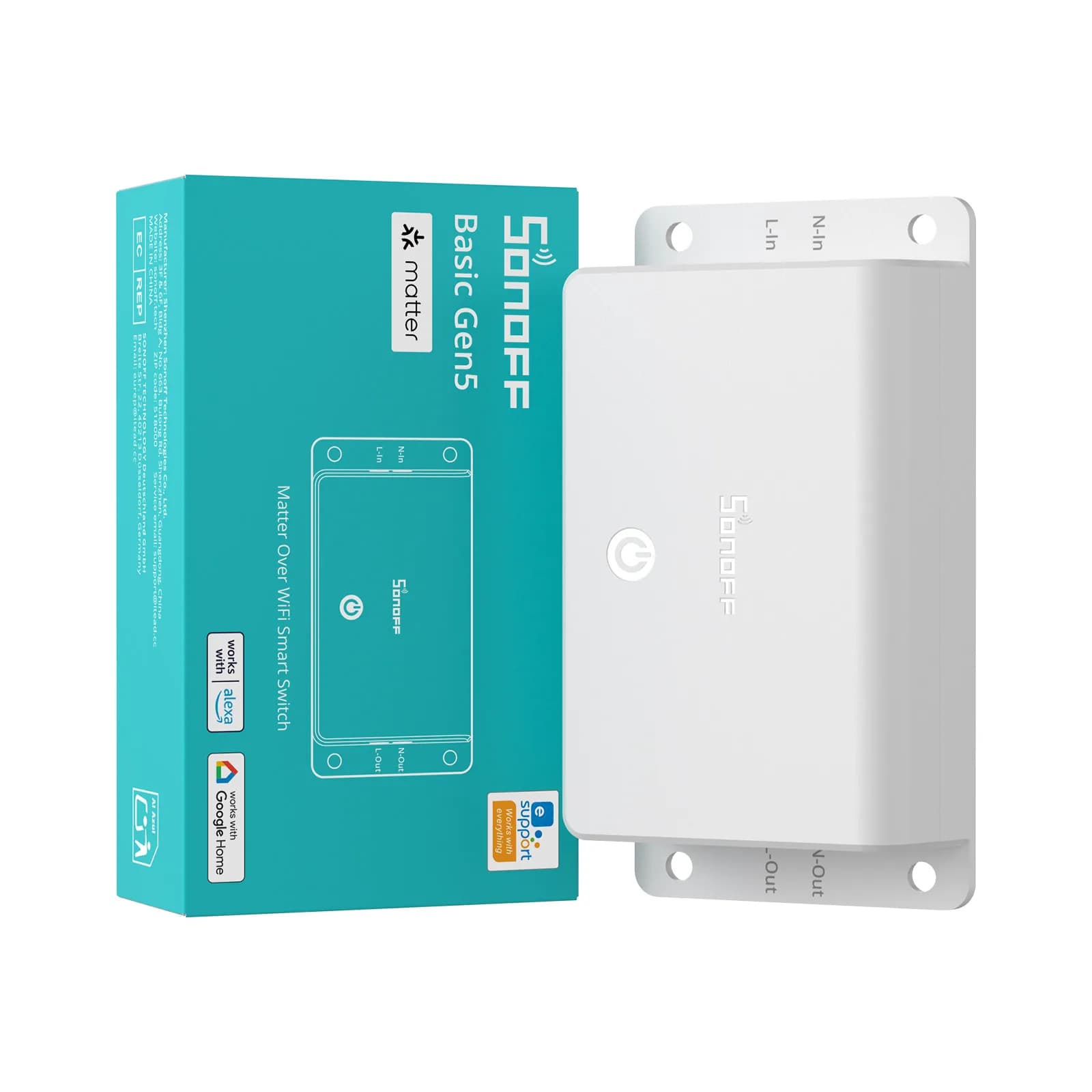 SONOFF Basic Gen5 Matter Over Wifi Smart Switch, interrupteur intelligent pour la maison connectée, contrôle à distance, minuterie, via l'application EWELINK, compatible avec Alexa et Google.
