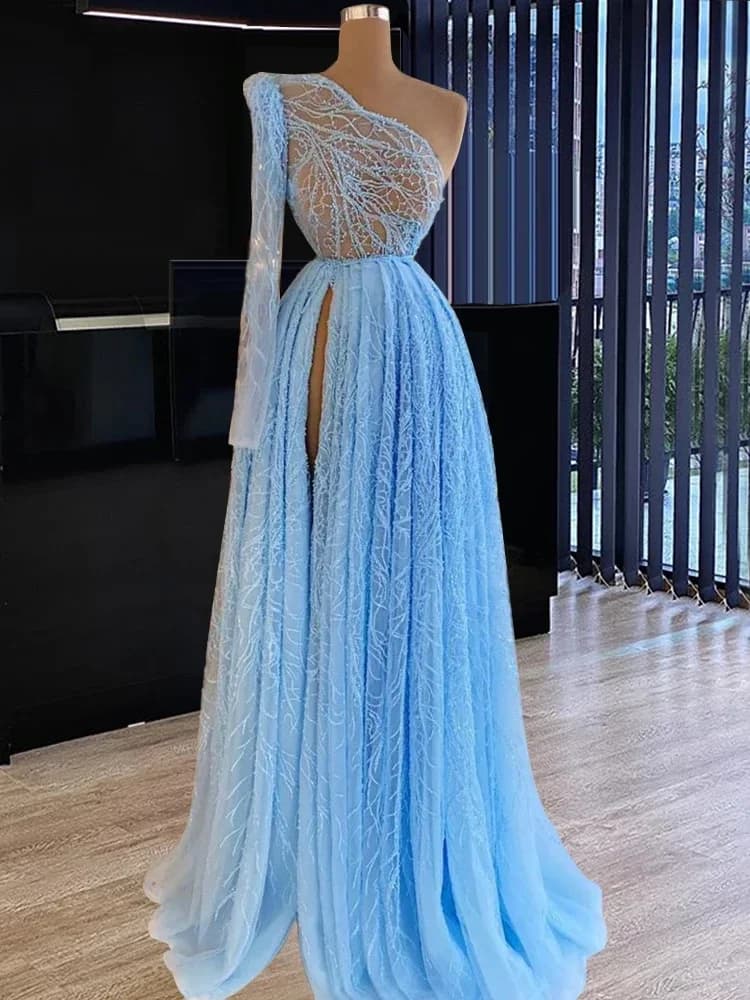 Robes de soirée bleues grande taille à manches longues, robes de soirée arabes à perles, robes de bal d'été pour la plage, robes de cérémonie