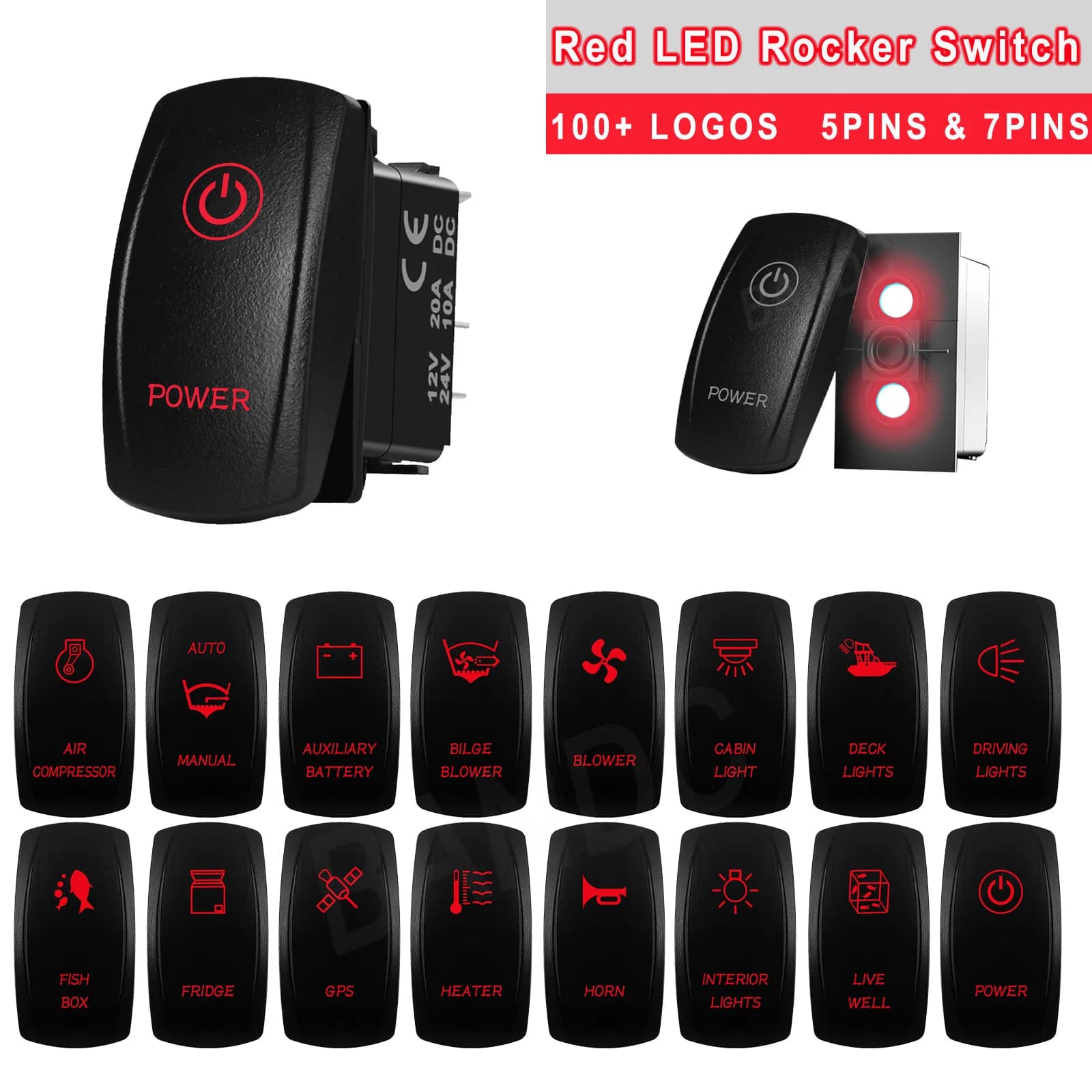 Interrupteur à bascule personnalisé double LED rouge gravé au laser ON-OFF ON-OFF-ON (SPST DPDT) pour accessoires de caravane 4x4 ARB/Carling/NARVA SUV