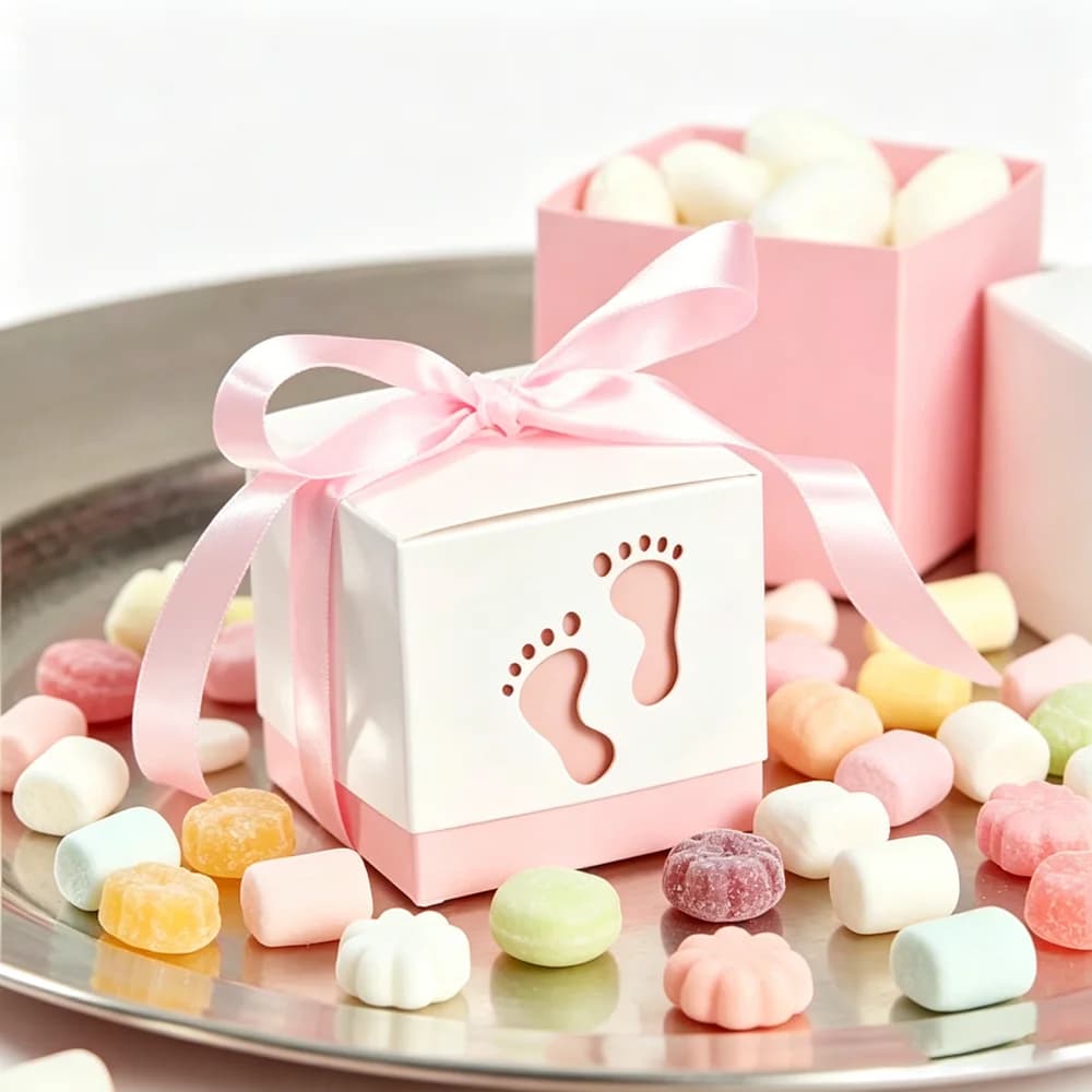 Boîte à bonbons pour pieds de bébé, 50/100 pièces, chariot de réception-cadeau pour bébé, sac en papier doux, empreintes de pas, boîtes à cadeaux de fête, conteneur de baptême, boîte-cadeau