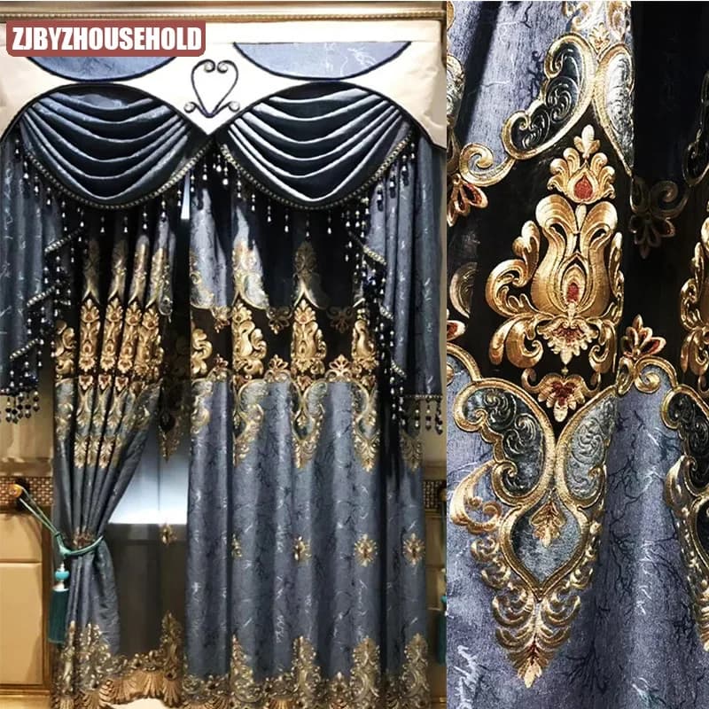 Rideaux rétro brodés de luxe européens, pour chambre à coucher, salon, Villa, palais, porte fenêtre bleue, occultant Soluble dans l'eau
