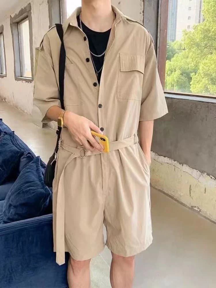 Combinaison d'été décontractée pour hommes, ensembles de style safari solide, revers à simple boutonnage, manches courtes, shorts à lacets trempés
