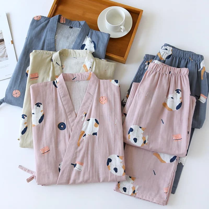 Nouveau pyjama deux pièces de style japonais pour couple, en gaze de coton pur, motif chaton mignon, pour homme et femme, tenue d'intérieur fine, grande taille
