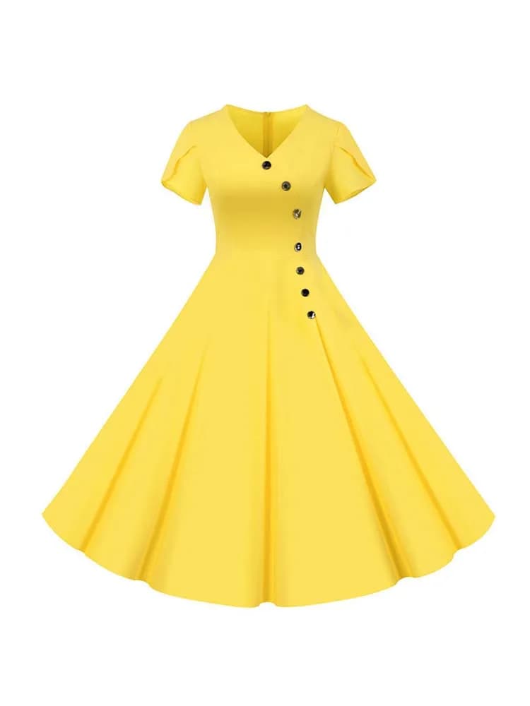 Robe mi-longue rétro à col en V pour femmes, robe d'été décontractée, robe élégante vintage, bureau, fête, document solide, années 1950