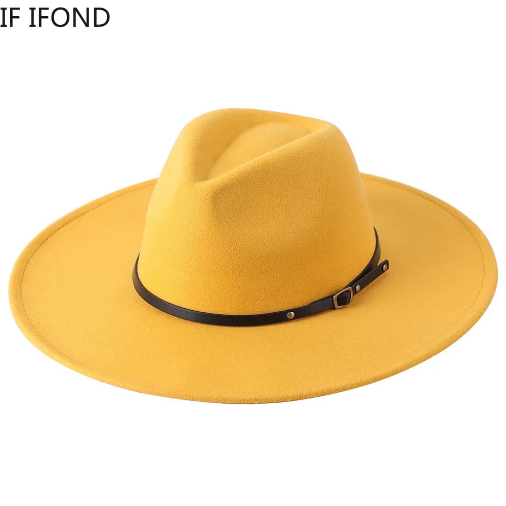 Chapeau Fedora en laine à large bord pour homme et femme, couleur unie, chaud, Jazz, feutré, Panama, jaune