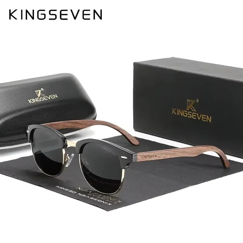 KINGSEVEN – lunettes de soleil en bois de noyer noir pour hommes et femmes, faites à la main, polarisées, Protection UV400, semi-sans monture, rétro, 2023