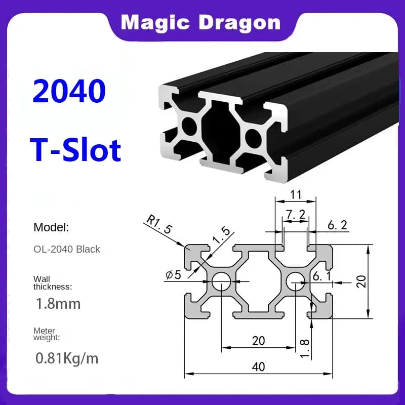 Rail linéaire noir 2040 à fente en T, Extrusion de profil en aluminium anodisé Standard européen, longueur 100-800mm, pour imprimante 3D CNC, 1 pièce