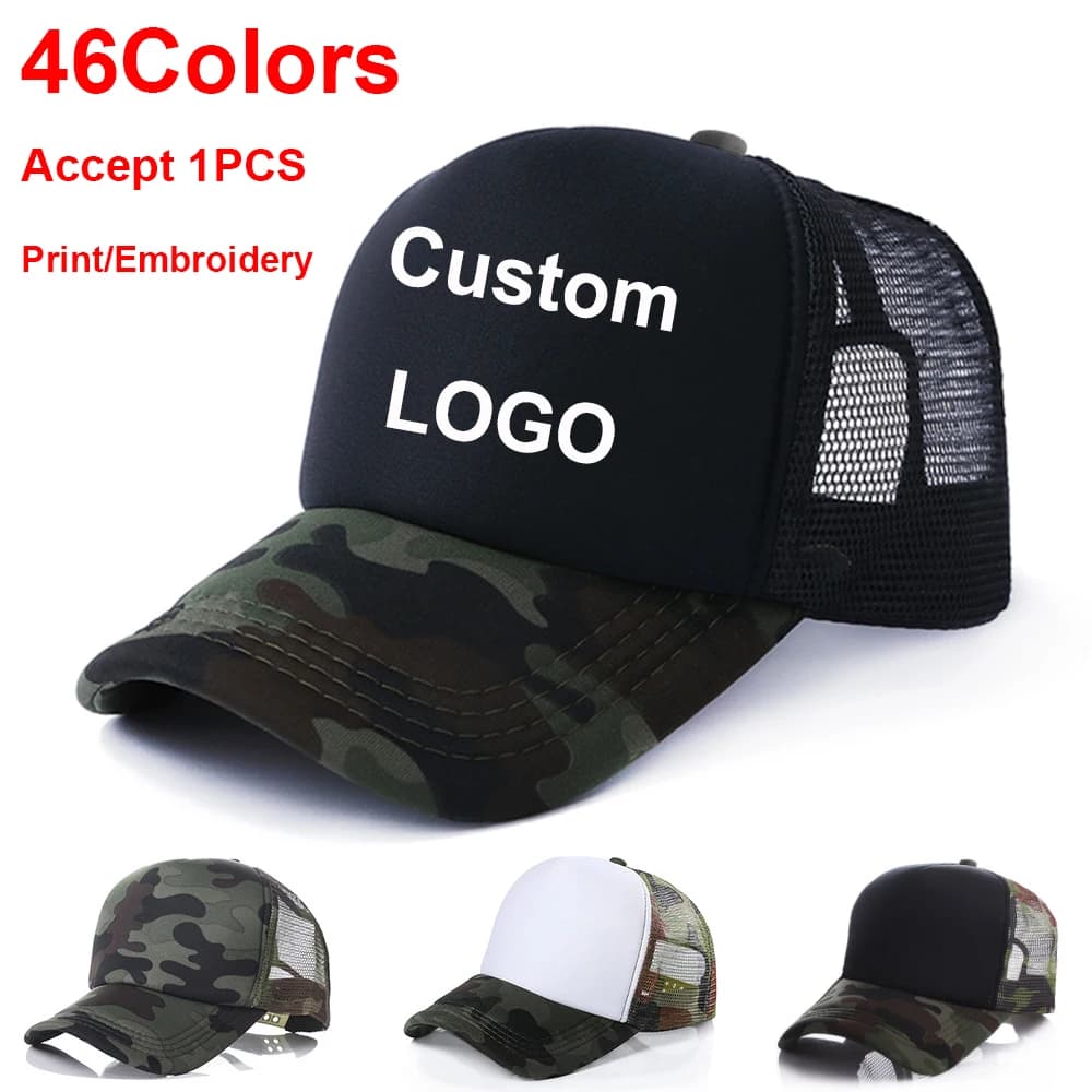 Casquette de baseball en polyester avec logo personnalisé pour adultes et enfants, chapeau de camionneur personnalisé, casquette en maille vierge, imprimé gratuit, 46 couleurs, été
