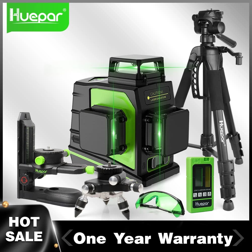 Huepar-Kit de Niveau Laser 3D à 12 Lignes Croisées, Faisceau Vert Autonome Osram, Vertical et Horizontal à 360 ° avec Trépied Récepteur Laser
