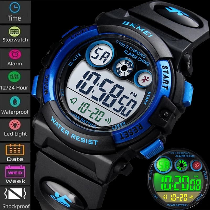 SKMEI-Montres de sport étanches pour enfants, montres-bracelets pour enfants, horloge électronique LED numérique, fille, garçons, étudiant, marque de mode
