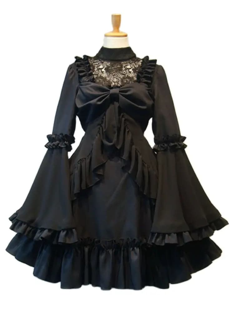 Robe gothique Lolita OP, robes une pièce, manches longues, noir, blanc, volants,