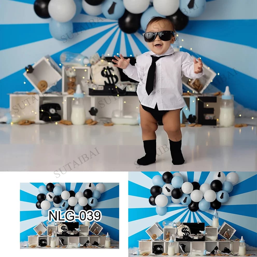 Biscuits lait Ballons je suis un patron bébé photographie fond bleu garçon décors enfants fête d'anniversaire Photocall Photo Studio