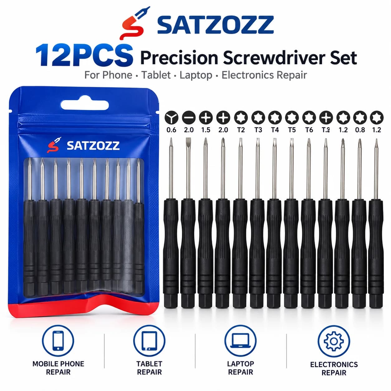SATZOZZ, jeu de 12 tournevis de précision pour la réparation de téléphones et de tablettes, kit d'outils magnétiques mini Torx, Phillips, Pentalobe et Y.