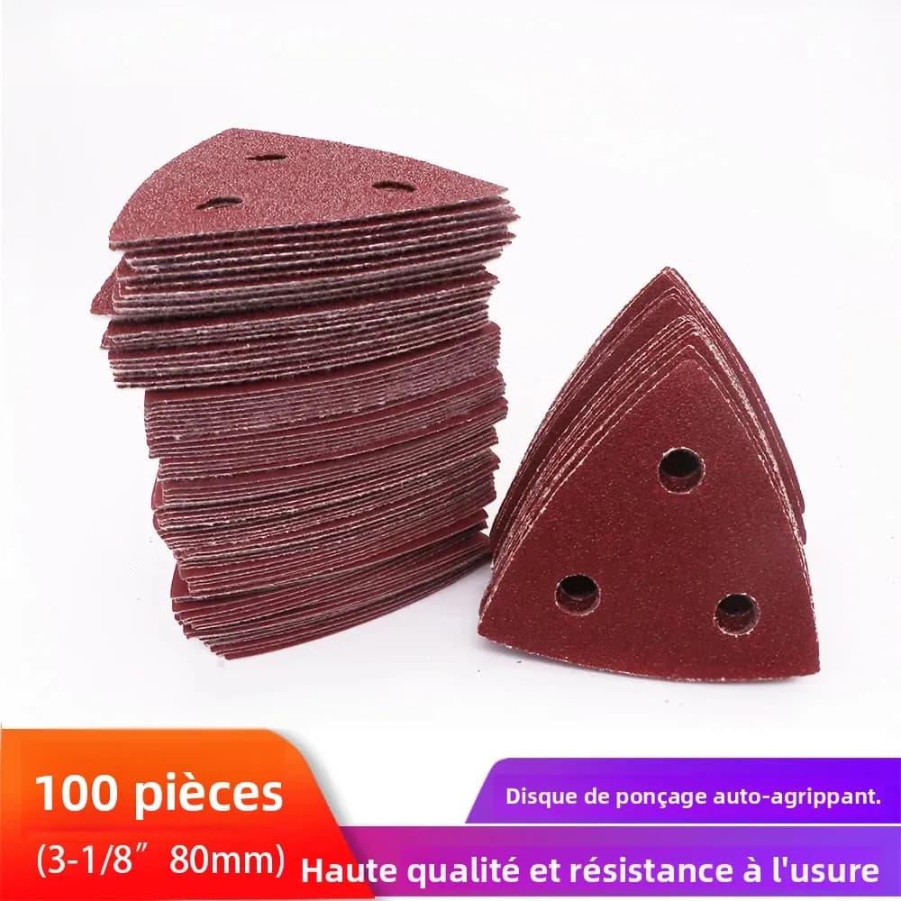 100 pièces 80 mm papier de verre triangulaire 3 trous crochet et boucle disques de ponçage triangulaires ajustement oscillant multi-outils tampon de ponçage grain 60-400