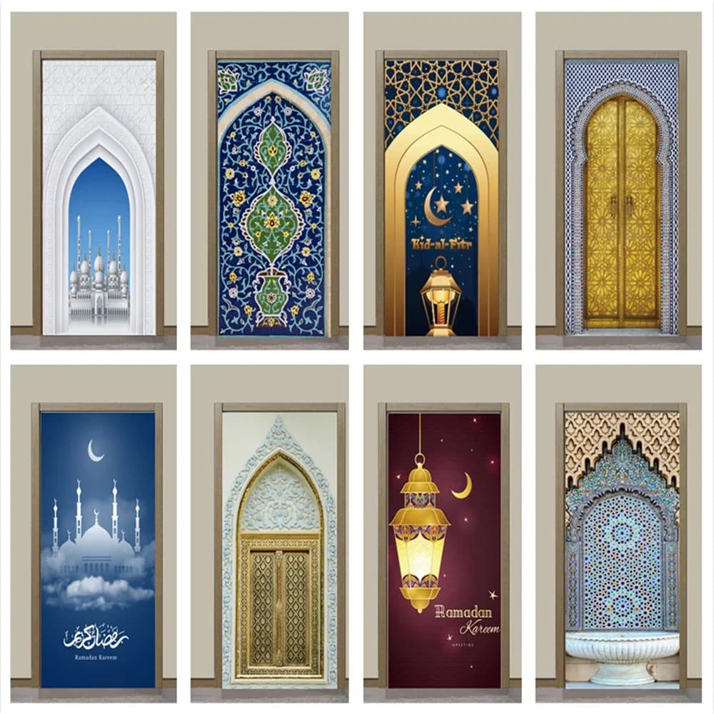 Autocollants de Porte Musulmans, Décoration de Maison, Art Mural, Salon, Grande Mosquée de La Mecque, Papier Peint en Vinyle, Porche