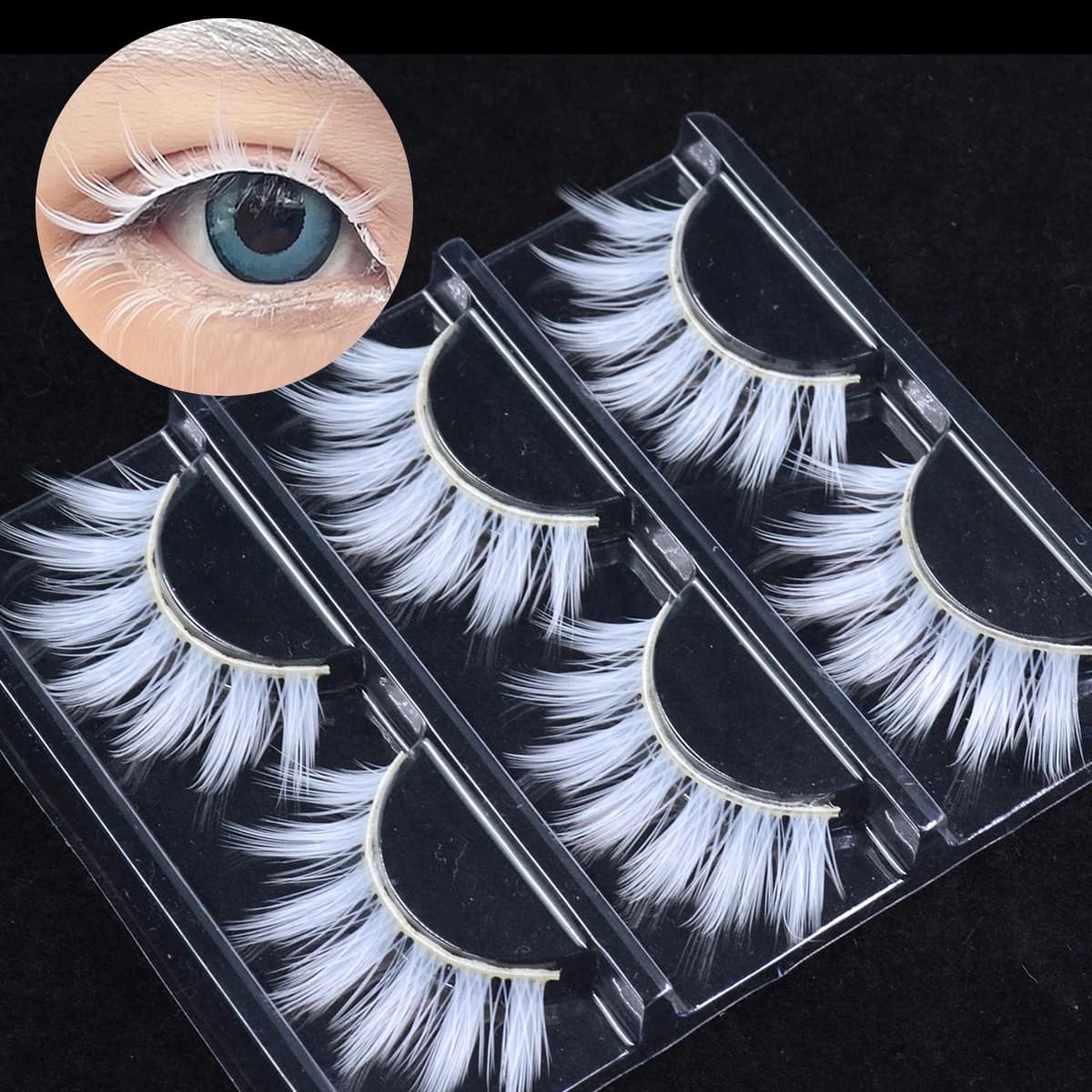 3 paires de faux cils blancs en dentelle moelleuse, colorés, en soie végétalienne, pour poupée, Cosplay, fête, maquillage d'halloween