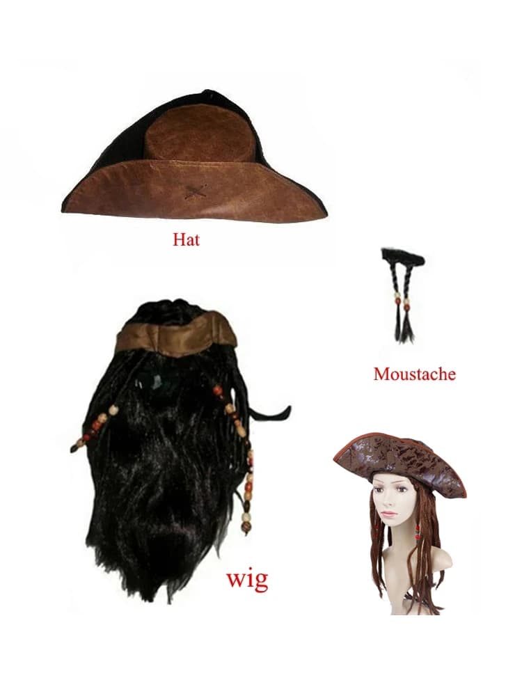 Costume d'halloween pour hommes et femmes adultes, perruques de capitaine de Pirate Jack Sparrow, chapeau barbe, accessoires de visage de fête Cosplay de noël