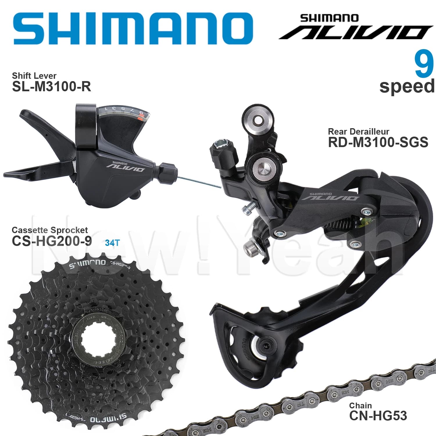 Groupe Shimano Alivio M3100 9 vitesses comprenant SL-M3100, RD-M3100, cassette CS-HG200-9 (32/34/36 dents) et chaîne CN-HG53.