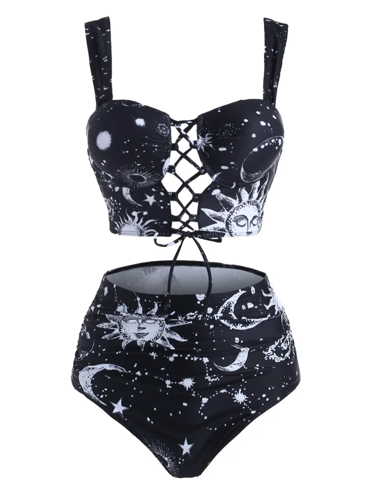 Maillot de bain sexy à lacets pour femmes, ensemble tankini rembourré, imprimé lune, soleil et étoile, vêtements de plage
