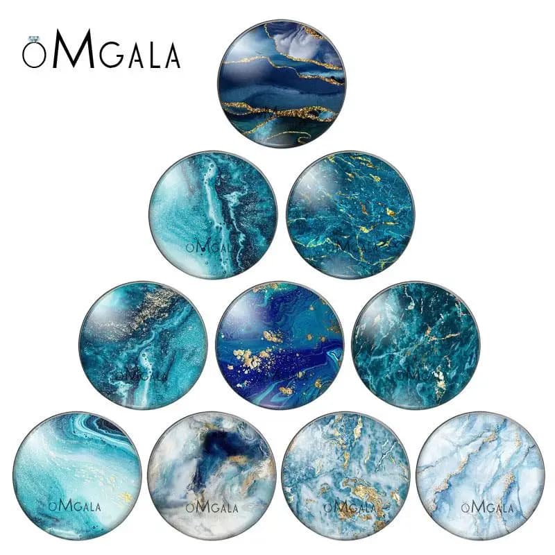 Cabochon en verre de couleur de l'eau, bleu, vert, jaune, motifs de marbre, photo ronde, démo, dos plat, résultats de direction