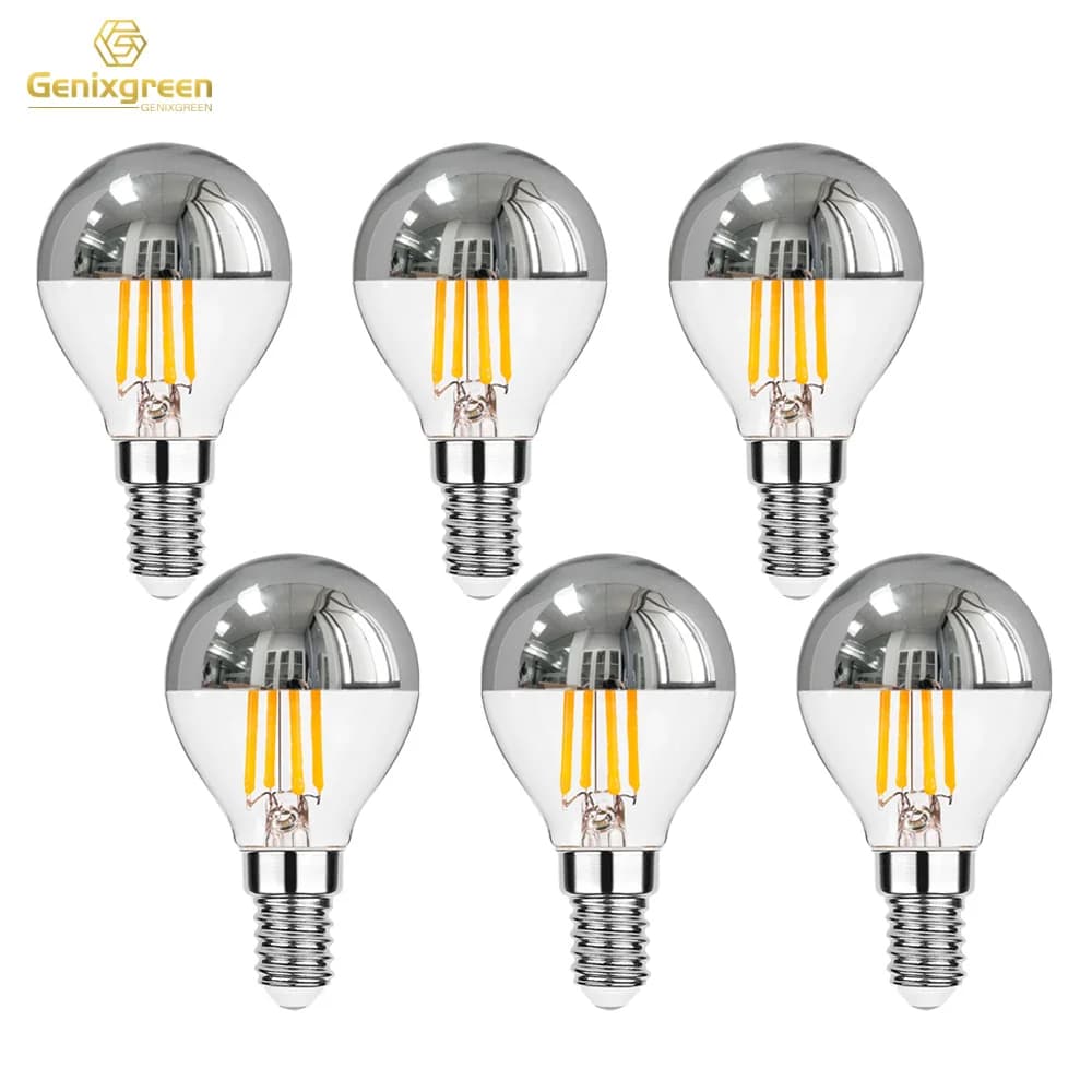 Ampoule LED miroir Genixgreen E12 E14 dimmable 4W G45, globe coronaire argenté 2700K, pour décoration de couloir, ampoule Edison G14 demi-chromée