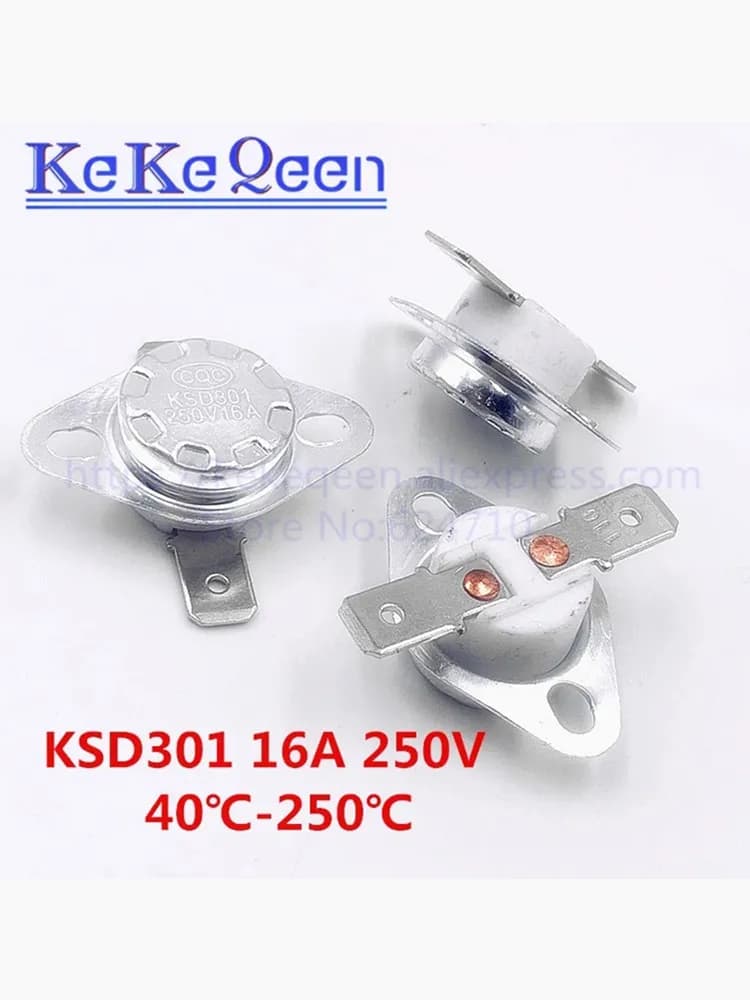 Interrupteur de température KSD301 250V 16A 260°C normalement fermé à pied plat et anneau fixe 140 165 175 180 190 195 200 210 220 230 240 250°C