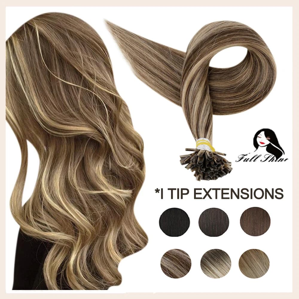 Full Shine-Extensions de pointes d'ongles, cheveux humains pré-collés, document de balayage, perles de colle KerBrian, pointe en U, cheveux Remy fabriqués à la machine, 40-50g