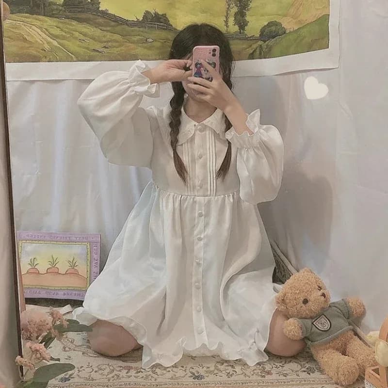 Robe Lolita japonaise pour filles, blanche, col Peter Pan, Kawaii, manches bouffantes à volants, robes élégantes pour dames, été, 2021