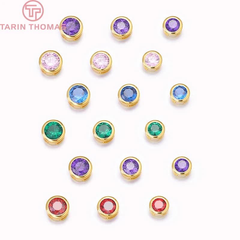 (4370) 4 pièces de breloques pour bracelets plaquées or 24 carats de 5,3 mm, 5,7 mm et 6,3 mm avec entretoises en zircon, accessoires de bijoux de haute qualité