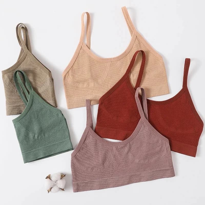 Soutien-gorge sans fil côtelé à fines bretelles et col en U pour femme, push-up, sans rembourrage, sous-vêtement de sport sans couture, lingerie sexy, crop top M-XL