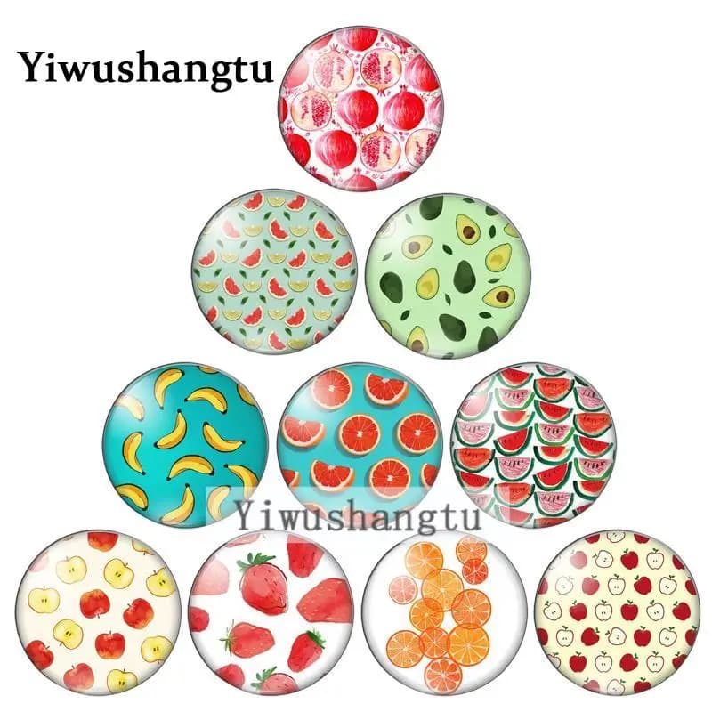 Cabochon Rond en Verre avec Photo de Fruits, Banane, Pomme, Pastèque, 8/10mm/12mm/18mm/20mm/25mm, Démo, Dos pio, Résultats de Direction, ZB0543