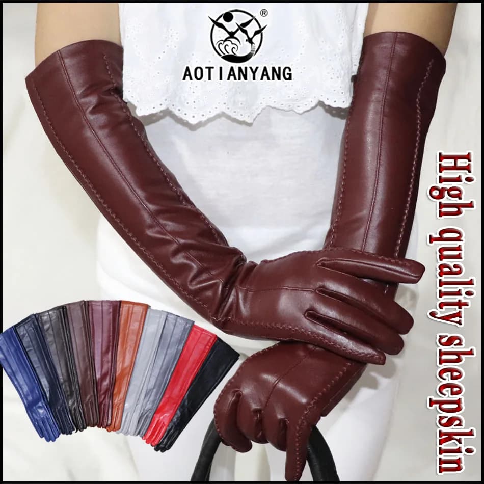 Gants en cuir AOTIANYANG, gants en peau de mouton moyens et longs pour femmes, doublure fine et épaisse en flanelle chaude d'automne et d'hiver, longs gants en cuir naturel de haute qualité, nouveau à