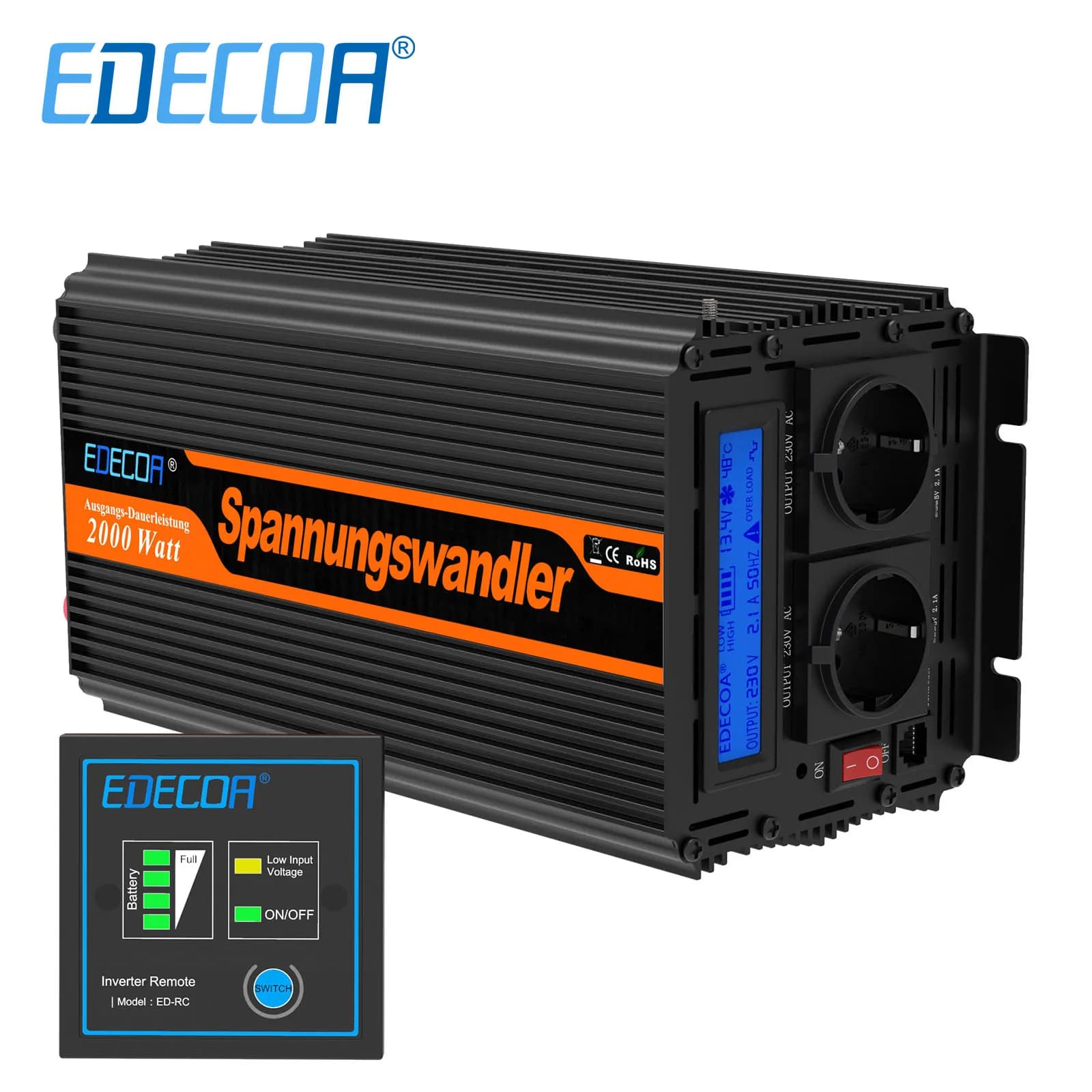 Convertisseur hors réseau à onde sinusoïdale modifiée EDECOA 2000W DC 12V vers AC 220V 230V 2KW